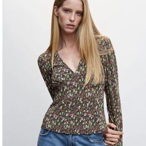 MANGO V-Neckline Blouse Long Sleeve Floral Size XL